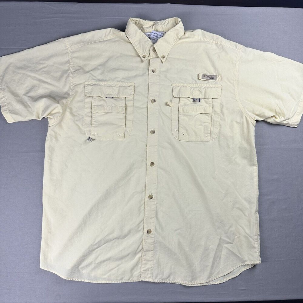 Columbia PFG Fishing Shirt Mens L Beige Omni Shade Cargo Pocket Vented Outdoors